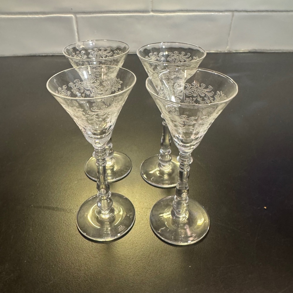 Vintage Etched Crystal Cordial Glasses Set of 4 Clear Floral Baluster Stem 4.75"